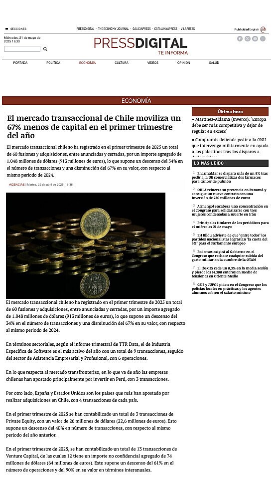 El mercado transaccional de Chile moviliza un 67% menos de capital en el primer trimestre del ao